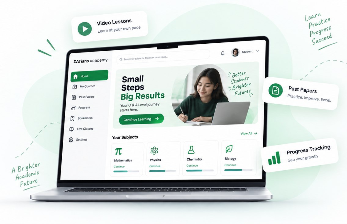 Zatians Academy student dashboard with video lessons, past papers and progress tracking