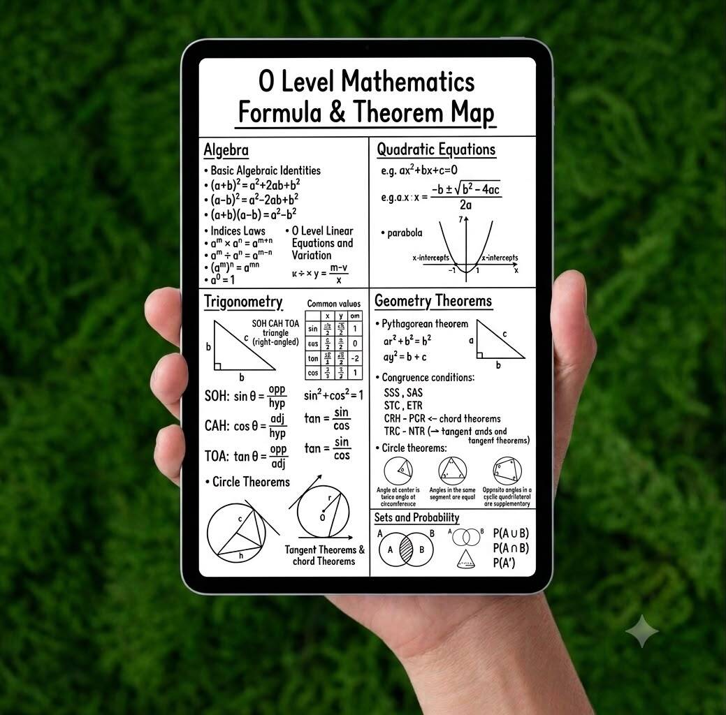 Hand holding a tablet showing the O Level Mathematics formula & theorem map